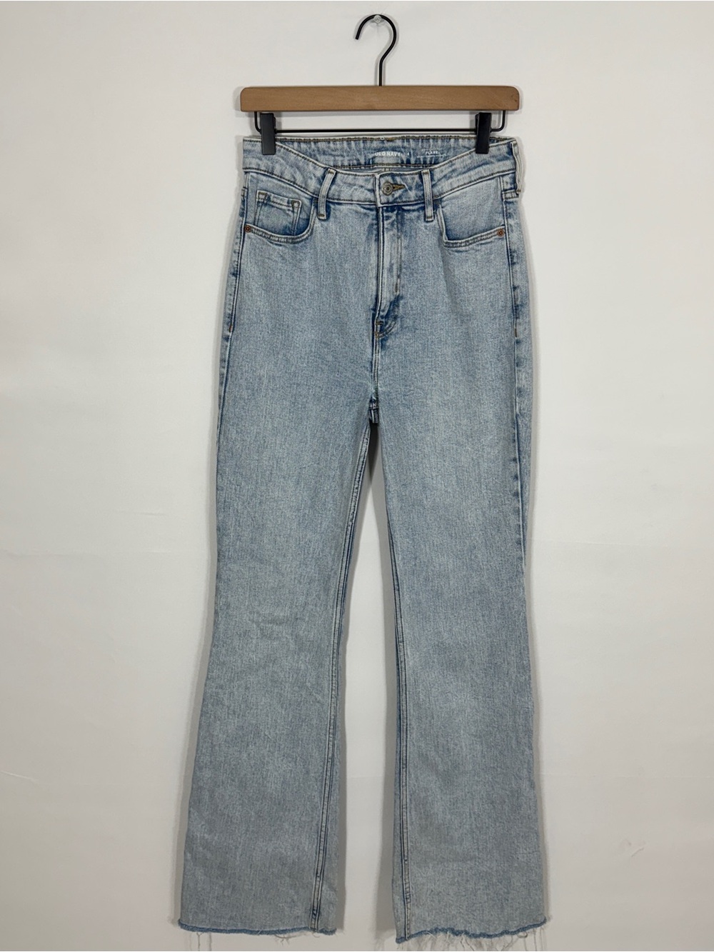 WJ14 {Old Navy} "Higher High Rise Flare" Light Blue Raw Hem Denim Jeans